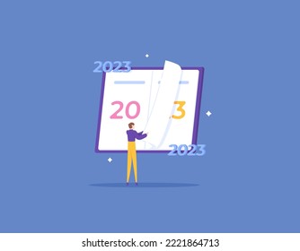 Opening a new page in 2023. turn of the year. new goals in 2023. a man turns the pages of a book to see the next page. illustration concept design. graphic element