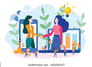 The opening of a new startup. Female Business Partners Handshaking, online conclusion of the transaction. business handshake, via phone and laptop. girl power, employ. investor holds money in ideas.