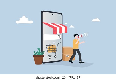 Opening online shop, selling product through e-commerce platform concept, Male merchant holding megaphone to make announcement near online store on mobile phone. 