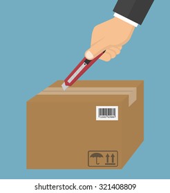 Opening package concept. Hand with a paper cutter slicing the duct tape on a cardboard box. Flat style