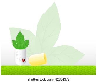 Opening the pill with green leaves placed on a abstract floral background