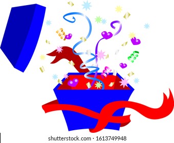 Opening present box with confetti, hearts and sparkles flying out of it