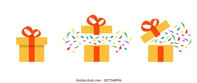 Opening a present illustration. Closed and open gift box with confetti. Vector flat design