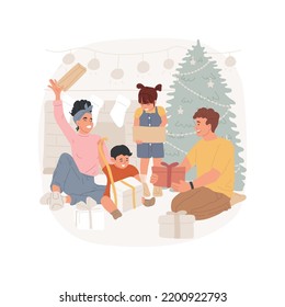 Opening presents isolated cartoon vector illustration. Excited family with kids opening xmas presents together, winter holiday spirit, Christmas time celebration, festive days vector cartoon.