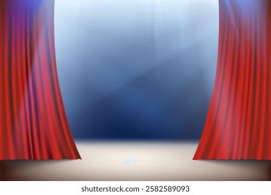 Opening red curtain in a theater or circus arena. Vector illustration