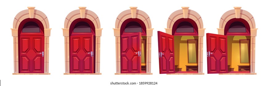 Opening Red Front Door With Stone Arch Isolated On White Background. Vector Cartoon Set Of House Entrance, Hall Interior Behind Closed, Ajar And Open Doors In Building Facade