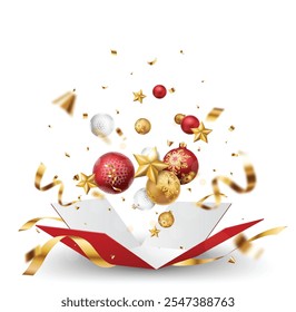 Opening Red gift boxes with golden ribbons and christmas decorations