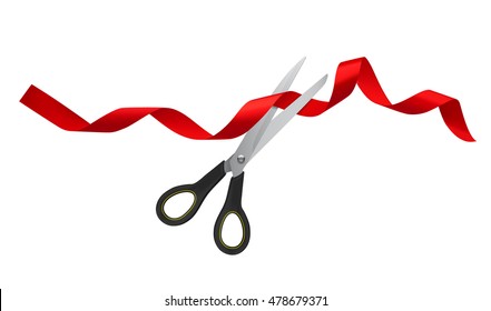 Opening with red ribbon and scissor. Vector illustration. Ready for your design.