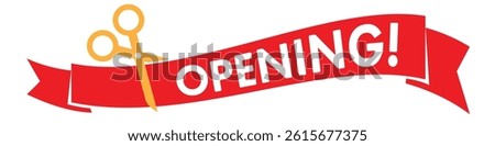 Opening red ribbon and scissors. Grand opening cutting red ribbon. Flat vector illustration isolated on white background.