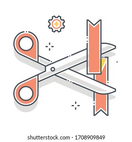 Opening related color line vector icon, illustration. The icon is about cutting, opening, ribbon, rope, scissors, start, start up. The composition is infinitely scalable.