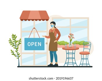 Opening of restaurant after pandemic. Woman in mask and apron invites everyone enter cafe with sign open. Retail marketing advertising for new visitors with bonus discounts. Vector flat illustration