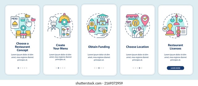 Opening restaurant steps onboarding mobile app screen. Create menu walkthrough 5 steps editable graphic instructions with linear concepts. UI, UX, GUI template. Myriad Pro-Bold, Regular fonts used