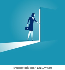 Opening the secret door. Businesswoman opens the secret door. Concept business vector illustration