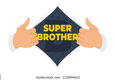 Opening shirt brother vector illustration. Man open shirt to show "Brother" sign in flat cartoon style. Open shirt, good,
 elder brother, protection, support. Concept of a greeting card for brother