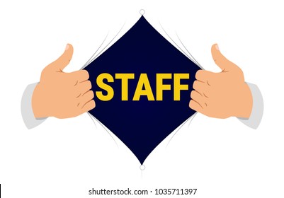 Opening shirt employee vector illustration. Man opens shirt to show employee T-shirt in flat cartoon style. Open shirt, protection, security, hidden protection concept, employees under cover.