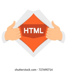 Opening shirt HTML 5 vector illustration. Man open shirt to show "HTML" sign in flat cartoon style. Open shirt code, programmer concept