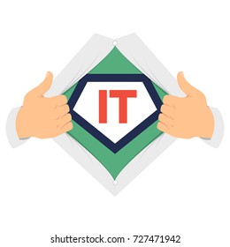 Opening shirt Information Technology vector illustration. Man open shirt to show "Information Technology" sign in flat cartoon style. Open shirt it geek concept