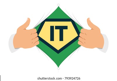 Opening shirt "it" vector illustration. Man open shirt to show "IT" sign in flat cartoon style. Open shirt, Information Technology, banner concept