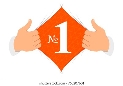 Opening shirt "one" vector illustration. Man open shirt to show "number one
" sign in flat cartoon style. Open shirt, championship concept