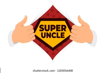 Opening shirt super uncle vector illustration. Man open shirt to show "super uncler" sign in flat cartoon style. Open shirt, uncle, care, protection, support. The concept of a greeting card for uncle