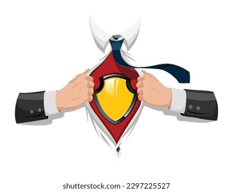 Opening shirt superhero. Office worker or businessman tearing his shirt to show symbol in flat cartoon style. Business success concept in pop art comic style. Vector illustration