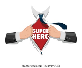 Opening shirt superhero. Office worker or businessman tearing his shirt to show text in flat cartoon style. Business success concept in pop art comic style. Vector illustration