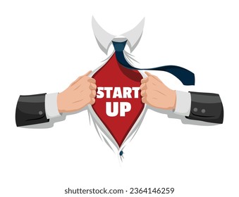 Opening shirt superhero. Office worker or businessman tearing his shirt to show text in flat cartoon style. Business success concept in pop art comic style. Vector illustration