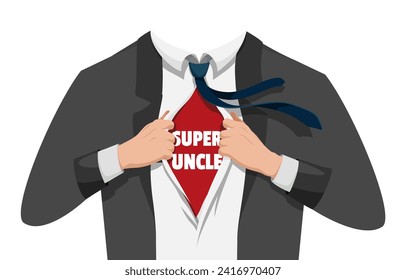 Opening shirt superhero. Office worker or businessman tearing his shirt to show text SUPER UNCLE in flat cartoon style. Business success concept in pop art comic style. Vector illustration