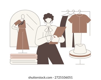 Abriendo una sala de exposición de Ilustraciones vectoriales de dibujos animados aislados. Diseñador de moda de Profesional que comienza su propia marca, línea de ropa, nueva sala de exposición, industria de la belleza, sector de servicios de dibujos animados de Vector.