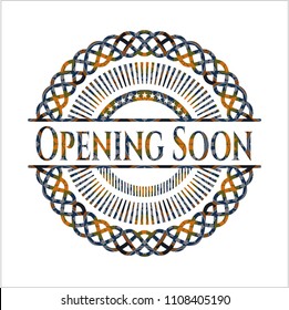 Opening Soon arabic badge background. Arabesque decoration.