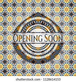 Opening Soon arabic style emblem. Arabesque decoration.