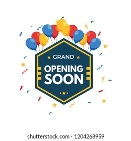 Opening soon background with confetti and colorful balloons