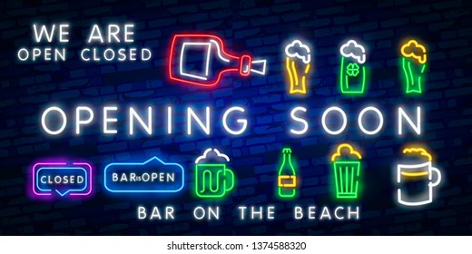 OPENING SOON Beach bar neon sign, bright signboard, light banner. Beach pub logo, emblem and label. Neon text editcoming soon neon glowing banner on black brick wall concept realistic vector