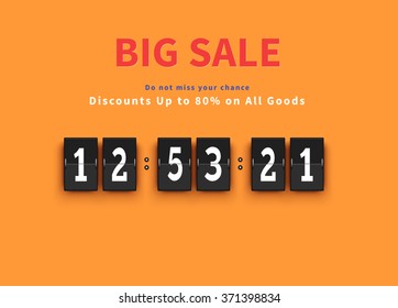 Opening soon. Big sale countdown. Discount and savings, huge banner, promotion shopping, time special bog, offer retail timer illustration