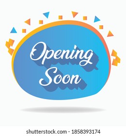 Abriendo pronto el banner de etiqueta cuadrada de etiqueta de medio social con fondo vectorial blanco en gradiente azul y naranja. Plantilla de anuncios. Anuncio, promoción, etiqueta, firma, insignia.  Símbolo del sitio web, folleto, tienda, folleto