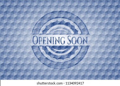 Opening Soon blue polygonal emblem.