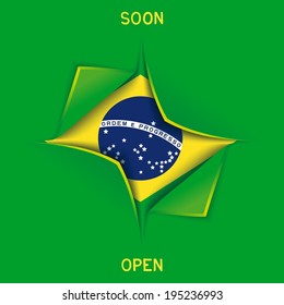 Opening soon. Design 3D imitation forced open box with the flag of Brazil. Vector eps 10