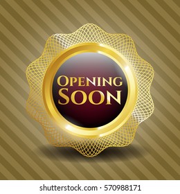Opening soon golden emblem. Complex border design
