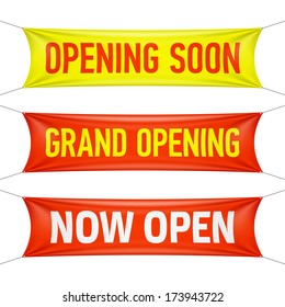 Opening Soon, Grand Opening and Now Open banners. Vector.