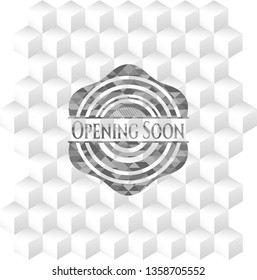 Opening Soon grey emblem with cube white background