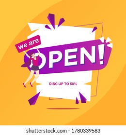 Opening Soon, Re-opening, We are open banner illustration. Social media content