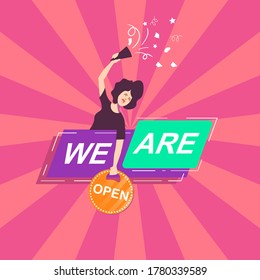 Opening Soon, Re-opening, We are open banner illustration. Social media content