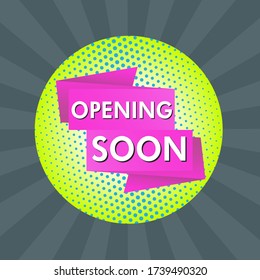Opening soon round logo for business. Colorful design with blue dotted pattern on lime green circle.