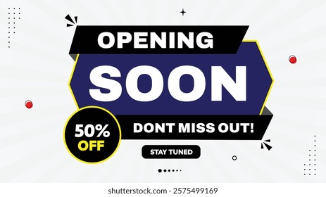 Opening Soon! Sale Banner Template - 50% Off | Don’t Miss Out on Stunning Black, Red, White Gradient Background Designs with Stylish Element Shapes