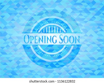 Opening Soon sky blue emblem with triangle mosaic background