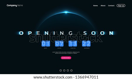 Opening Soon text on abstract Sunrise Dark Background with Flip countdown clock counter timer. Design Concept for sale, web, promotion announce, template design, under constuction page.