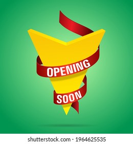 Apertura del diseño de la pancarta vector pronto con cinta de caracol roja y flecha de lanzamiento amarilla sobre fondo verde.