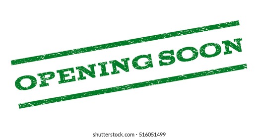 Opening Soon watermark stamp. Text caption between parallel lines with grunge design style. Rubber seal stamp with scratched texture. Vector green color ink imprint on a white background.
