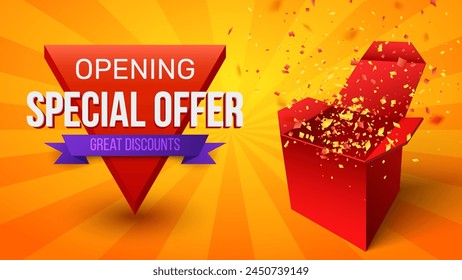 Opening Special Offer with Open Red Gift Box and Confetti. Enter to Win Prizes. Gifts Vector Illustration.