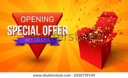 Opening Special Offer with Open Red Gift Box and Confetti. Enter to Win Prizes. Gifts Vector Illustration.